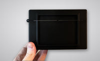 Black 3D-printed Commander deck box for Magic: The Gathering, front view with card toploader