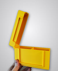 Yellow Commander deck box open, empty interior compartments