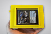 Yellow 3D-printed Commander deck box for Magic: The Gathering, front view