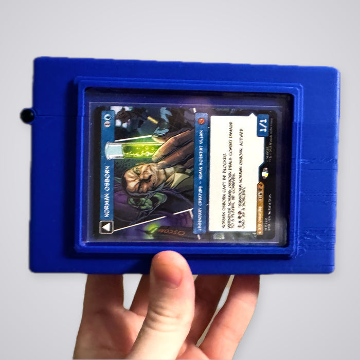 Norman Osborn // Green Goblin Commander deck box, blue, front toploader showing the commander card