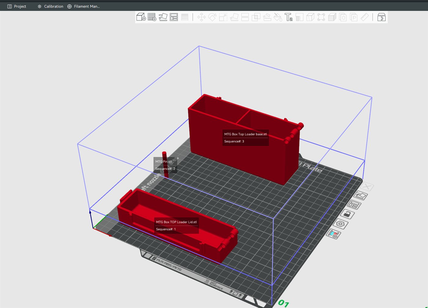Slim Commander deck box parts staged in Bambu Studio slicer